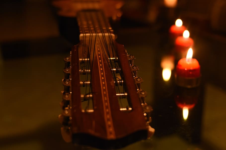 charango, music, light of a candle, decoration, musical instrument, HD wallpaper