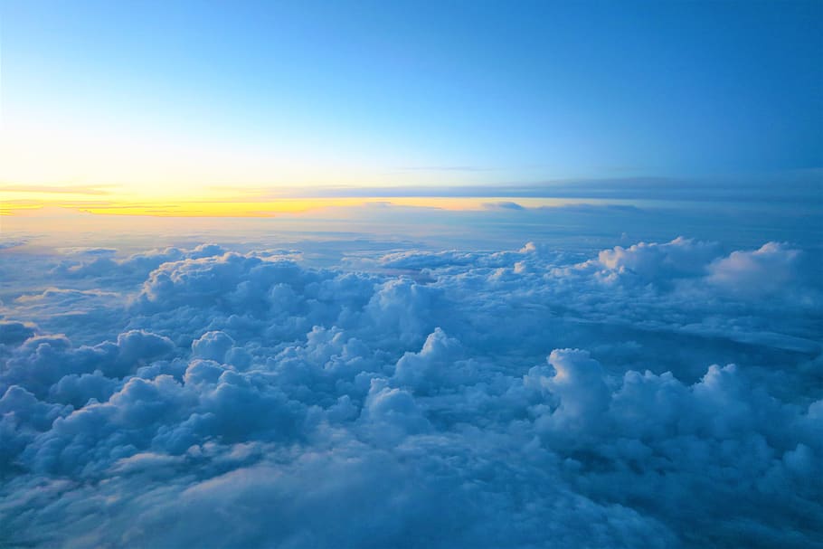 clouds, flight, air, sky, nature, blue, aircraft, travel, morning HD wallpaper