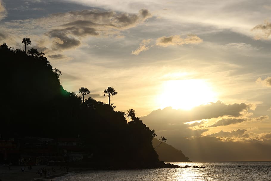 philippines, ocean, sunset, beach, palms, hill, trees, sky HD wallpaper