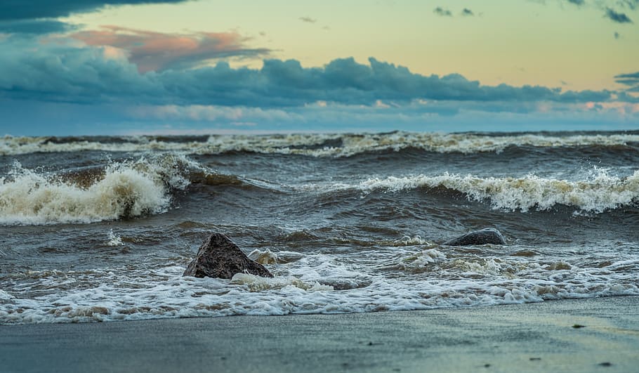 landscape, wave, sky, evening, wind, water, bay, clouds, sea HD wallpaper