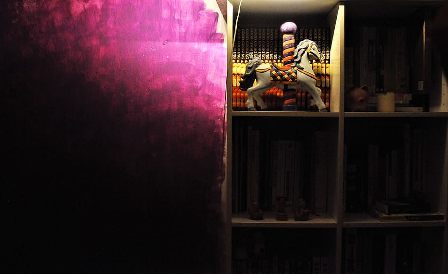 carousel, horse, library, dark, ligt, purple, purple wall, decor HD wallpaper