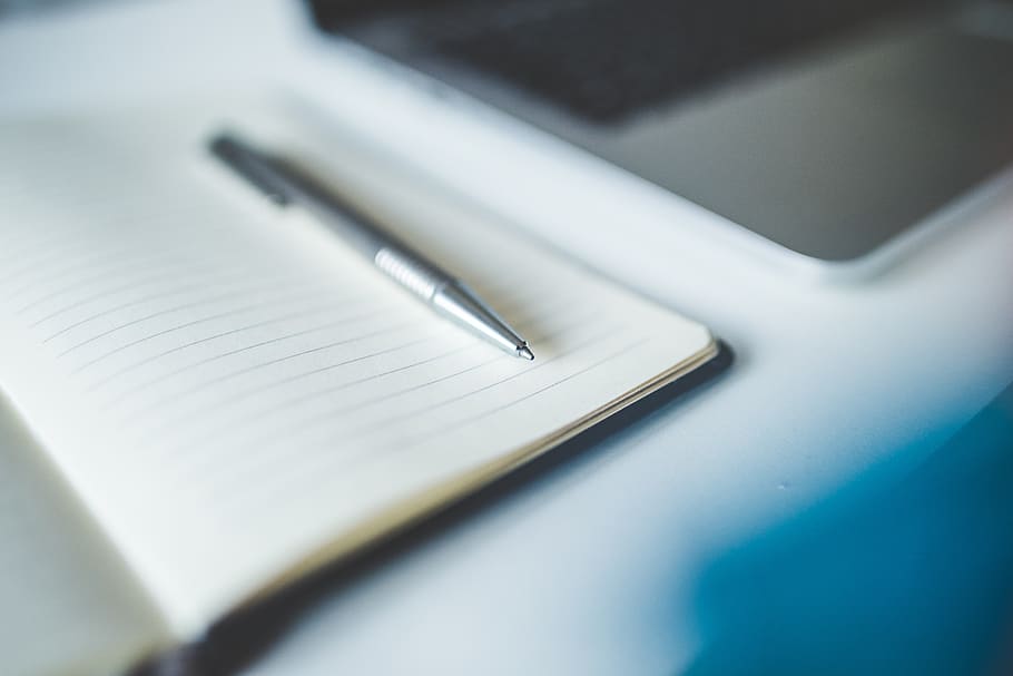 Grey Click Pen in White Paper, blur, composition, laptop, notebook HD wallpaper