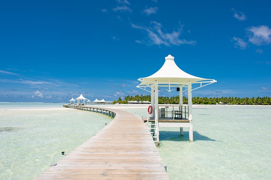 Gazebo Near Dock on Body of Water, beach, beautiful, exotic, idyllic HD wallpaper