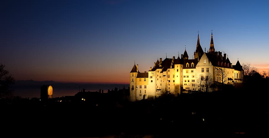 castle, twilight, landscape, architecture, tower, clock, collegiate HD wallpaper
