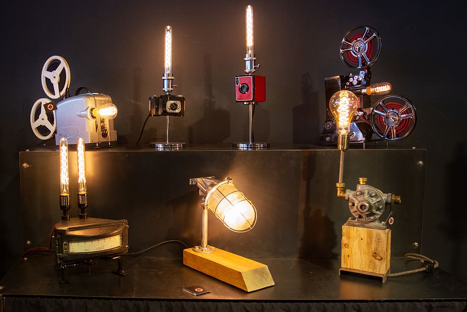 lamp, lighting, candle, machine, custom, vintage, yellow, cameras HD wallpaper