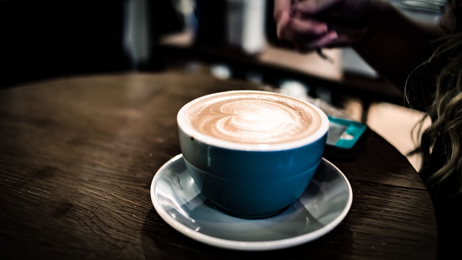 cup, beverage, latte, drink, coffee cup, pottery, saucer, person HD wallpaper