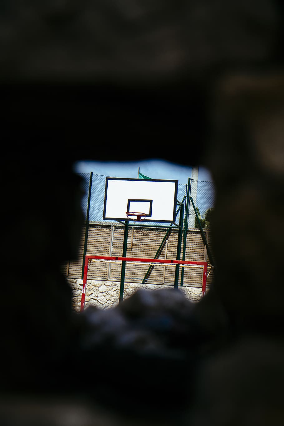 white and black basketball system, hole, window, sant antoni de portmany, HD wallpaper