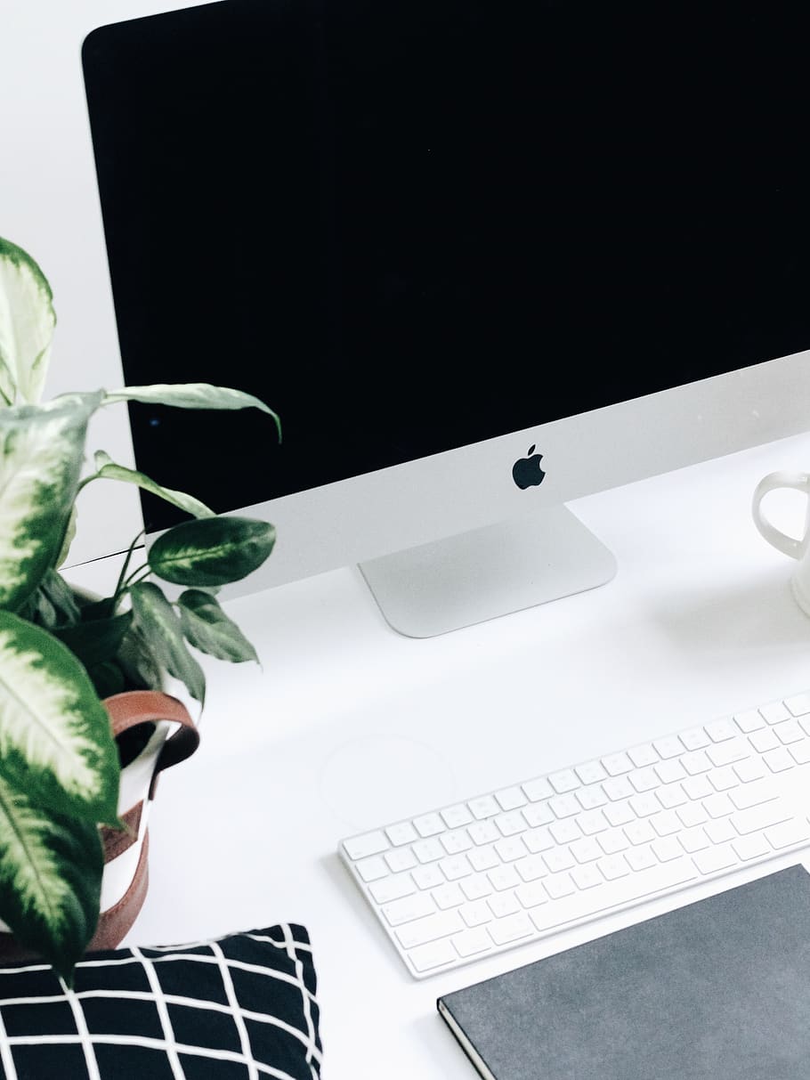 silver iMac, technology, computer, table, leaf, connection, wireless technology HD wallpaper