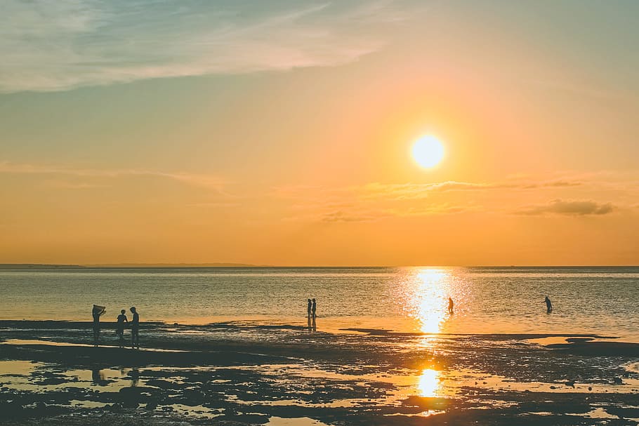 Sunset and Ocean, backlit, beach, dusk, evening, landscape, people HD wallpaper