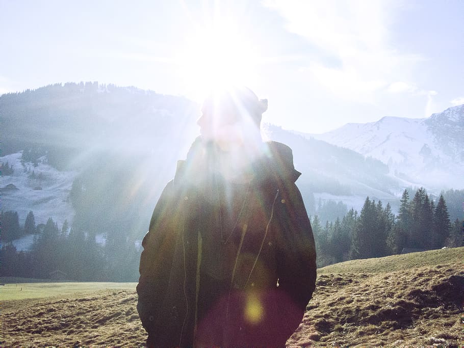 longhair, man, jacket, winter, sky, sun, light, switzerland HD wallpaper