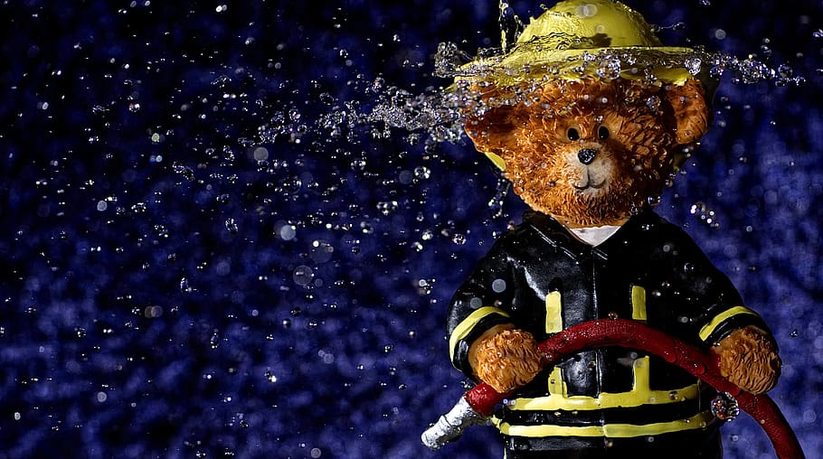 bear, fire fighter, water, spray, wet, funny, cute, figure HD wallpaper