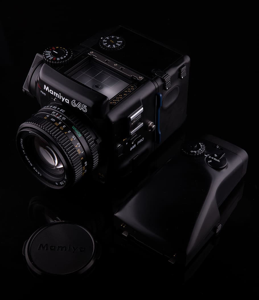 Black Mamiya Camera Set, black and white, black background, camera lens HD wallpaper