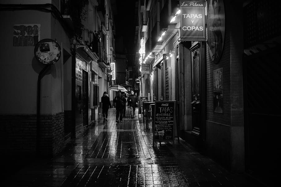 spain, zaragoza, restaurant, rain, street, pedestrian, rainy, HD wallpaper
