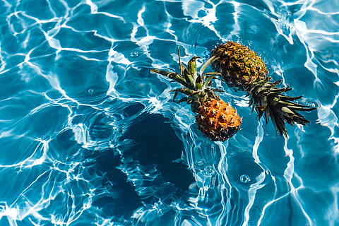 Pineapple in a swimming pool, day, summer, water, copyspace, fruits HD wallpaper