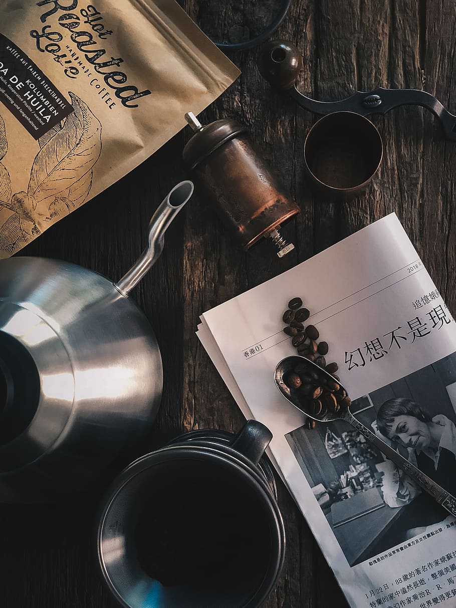 silver teapot with cups on the table, coffee, beans, filter, newspaper HD wallpaper
