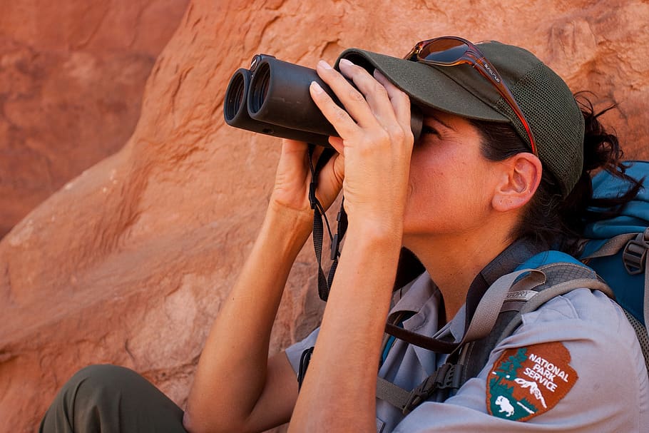 ranger, park, looking, binoculars, uniform, government, official HD wallpaper