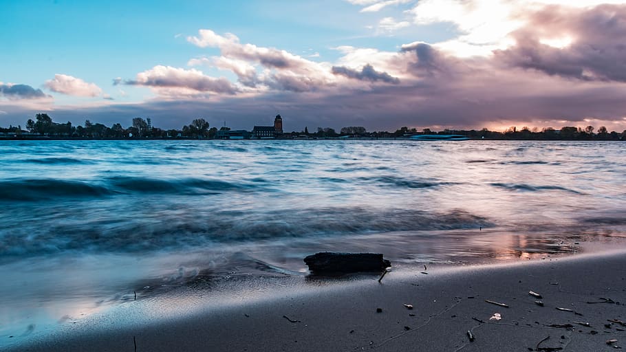 elbe, evening, water, hamburg, beach, river, sky, port city HD wallpaper