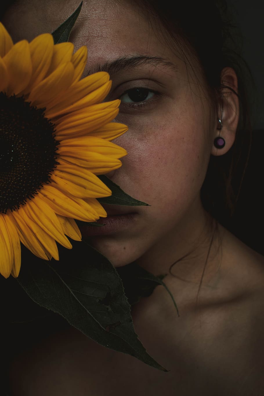 Woman Hiding on Sunflower Photography, close-up, colors, dark HD wallpaper