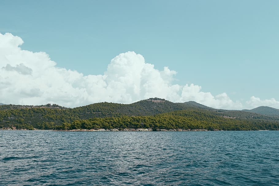 trees, forest, greece, cloud, clouds, sea, water, blue, minimal HD wallpaper