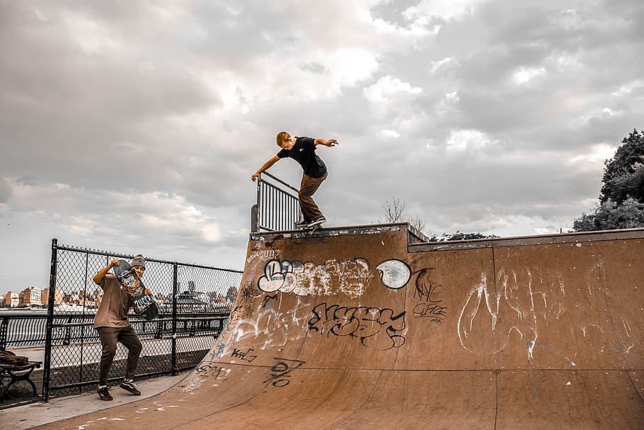 Skater on Edge of Skate Ramp, action, balance, clouds, danger HD wallpaper