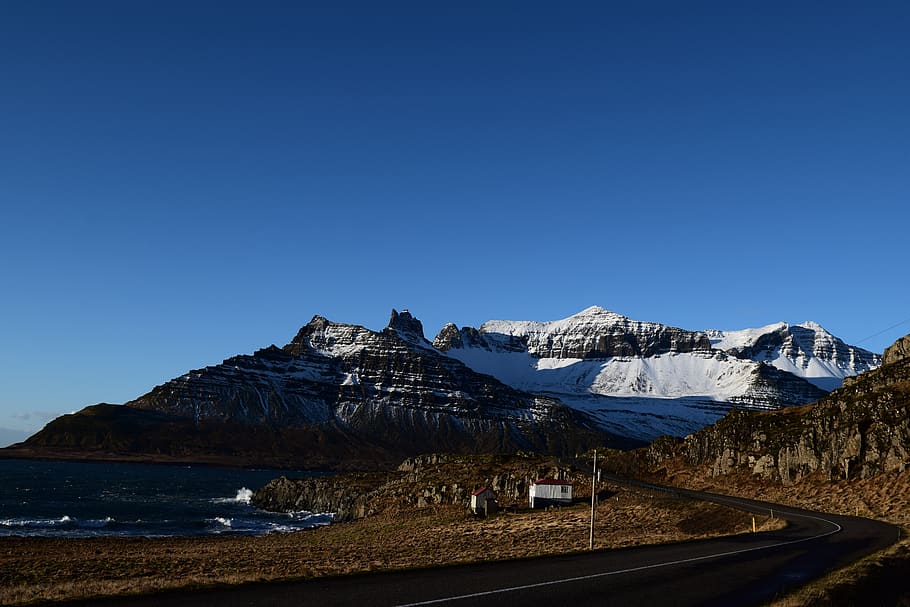 iceland, vik, mountain, mountains, snow, cliffs, sea, road HD wallpaper