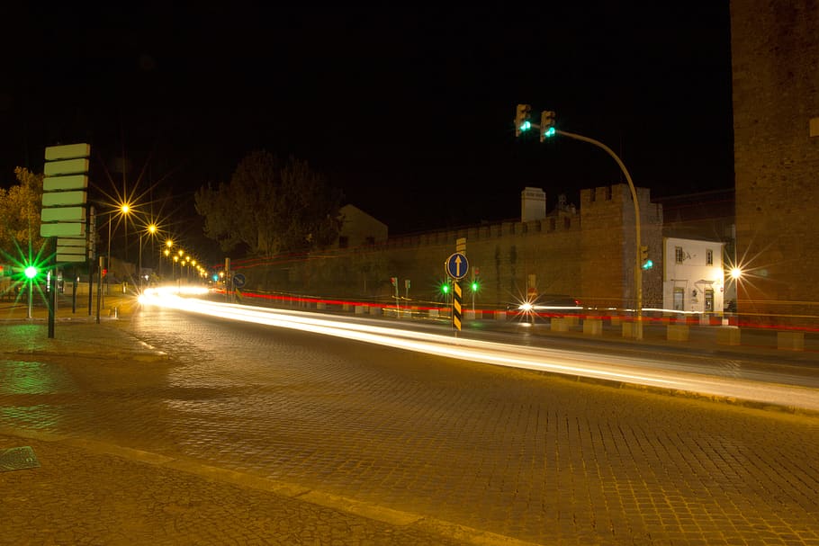 portugal, evora, night, illuminated, street, long exposure HD wallpaper