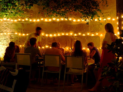spain, pollença, group, friends, social, dinner, eating, night HD wallpaper