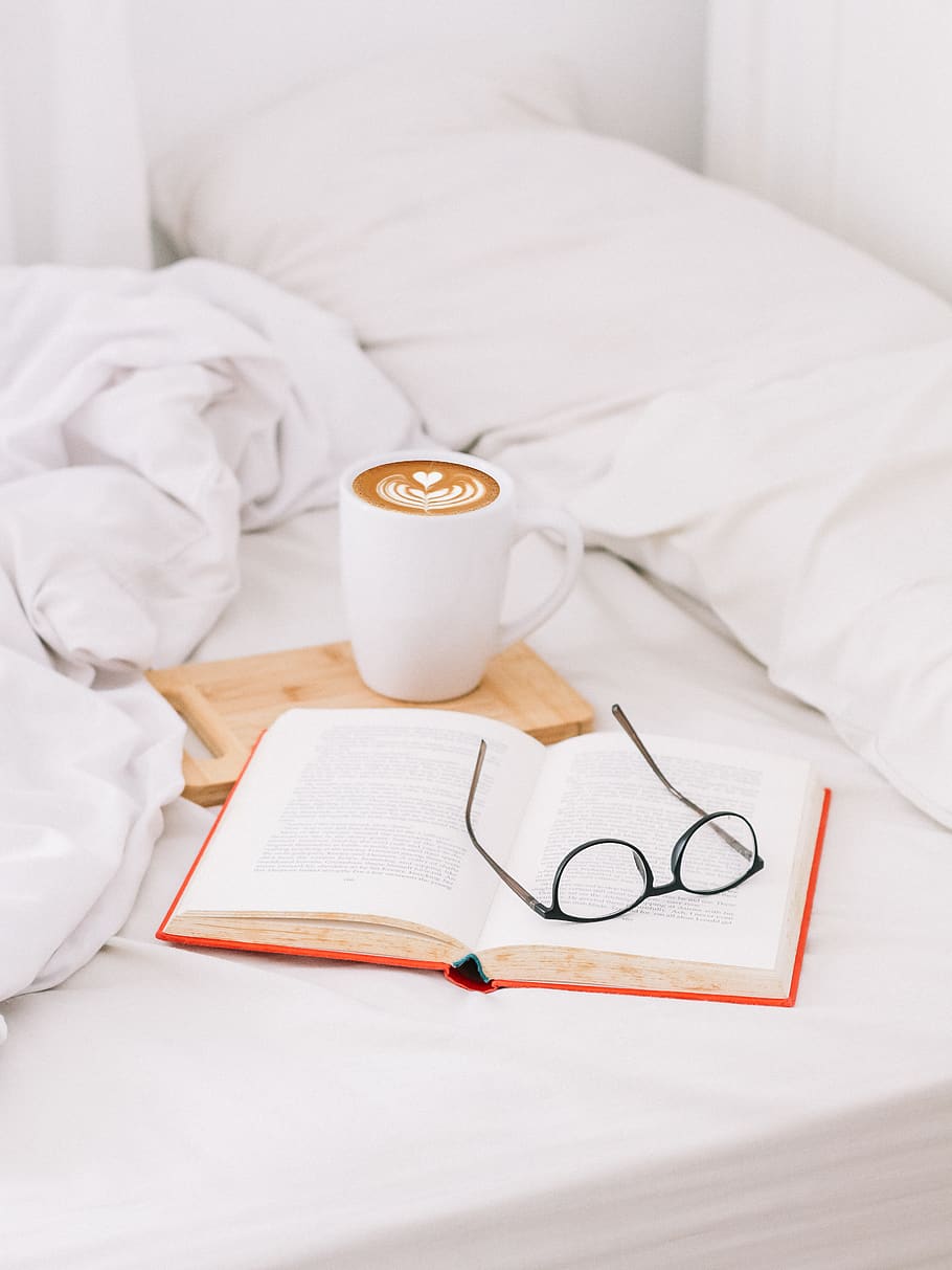 black framed eyeglasses on opened book, furniture, indoors, bed HD wallpaper