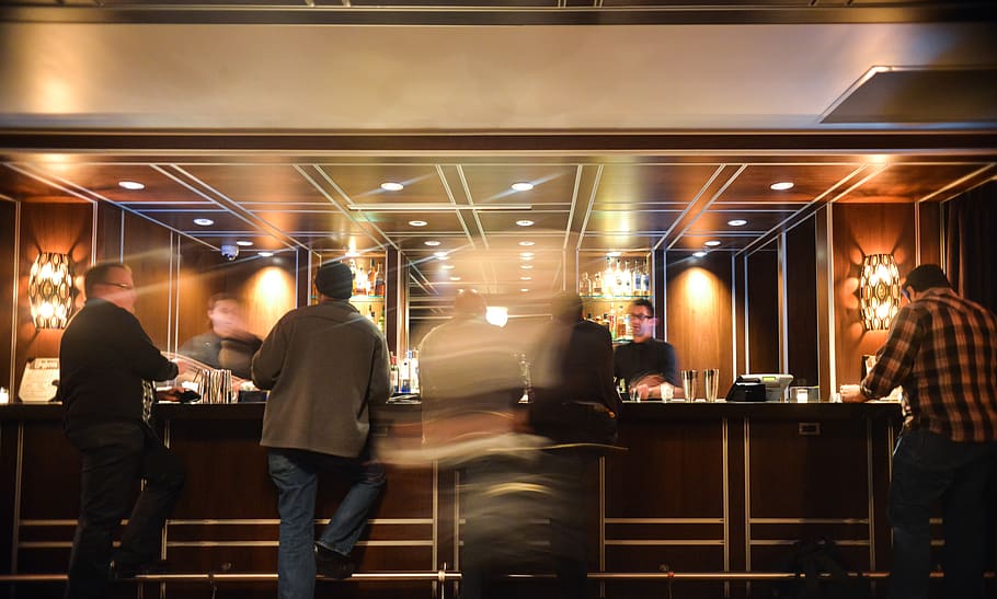 People Sitting and Standing on Bar Table, drinks, hotel, men HD wallpaper