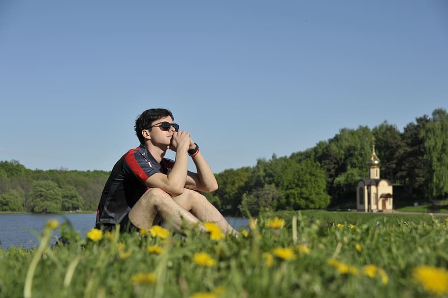 church, dandelions, guy, player, plant, clear sky, young adult HD wallpaper