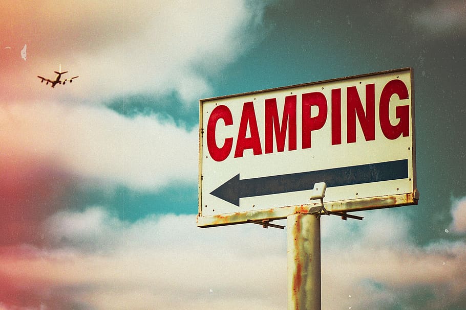 Camping road sign, sky, communication, cloud - sky, text, western script HD wallpaper
