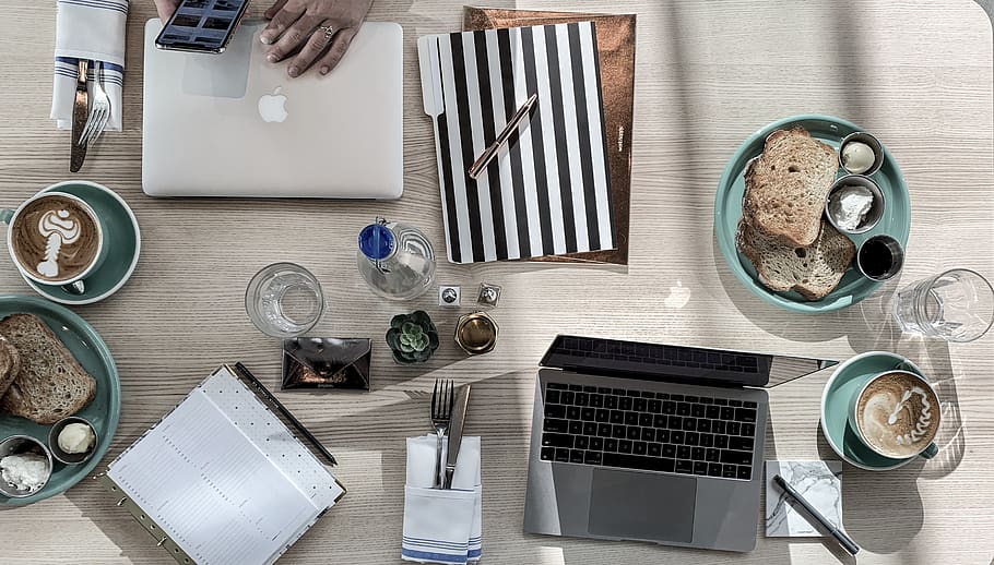 gray laptop computer near ceramic mug, table, high angle view HD wallpaper
