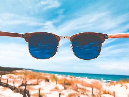 Blue Tint Clubmaster Sunglasses With Brown Frame, beach, clouds HD wallpaper