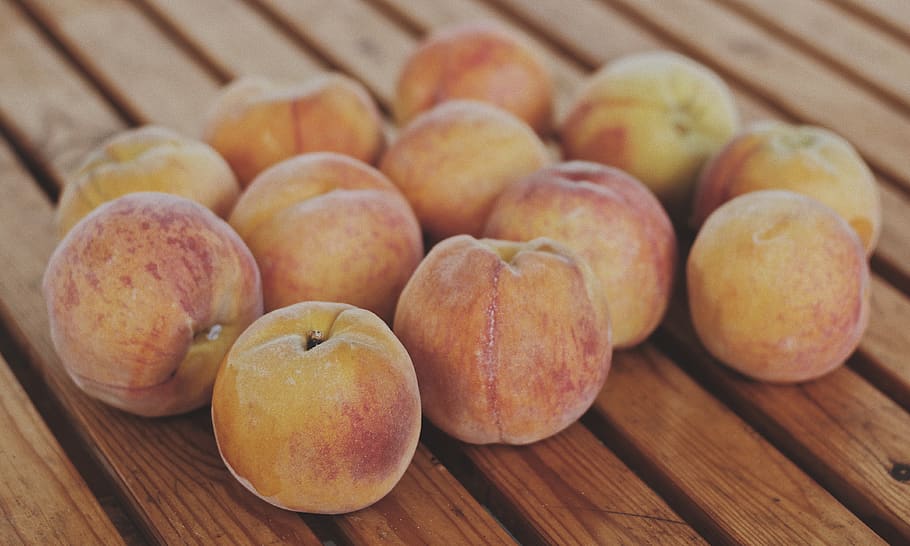 several apples, plant, fruit, food, peach, bread, table, wood HD wallpaper