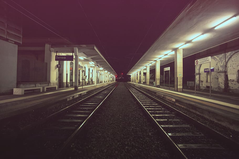 Black Train Railways at Night, ivrea, railroads, rails, train station HD wallpaper