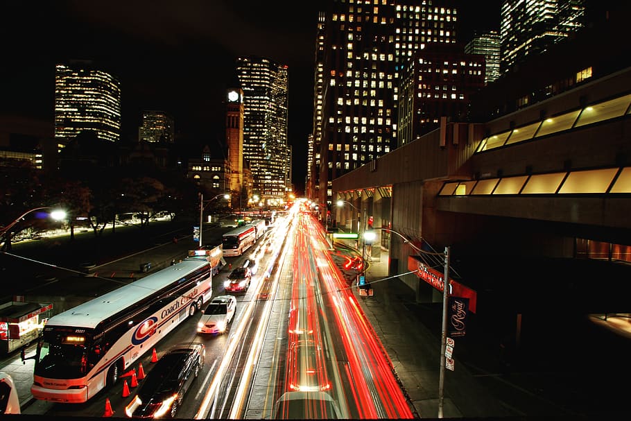 toronto, canada, light, lightrails, cars, car lights, buildingd, HD wallpaper