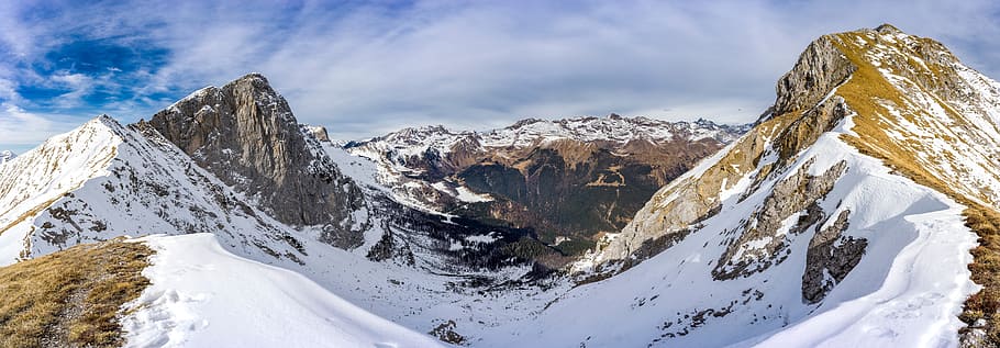 mountain, valley, summit, peak, hill, snow winter, blue, sky HD wallpaper
