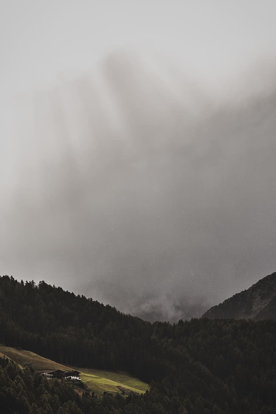 bird's eye view of forest mountain with fog, building, cloudy HD wallpaper