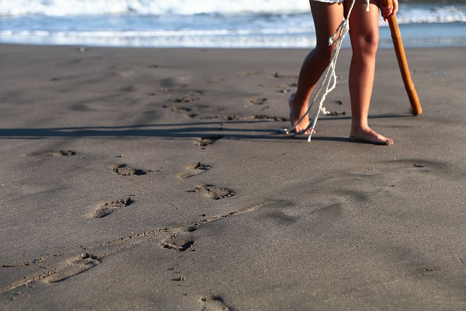 sandy, footprints, beach, sea, natural, coast, summer, water HD wallpaper