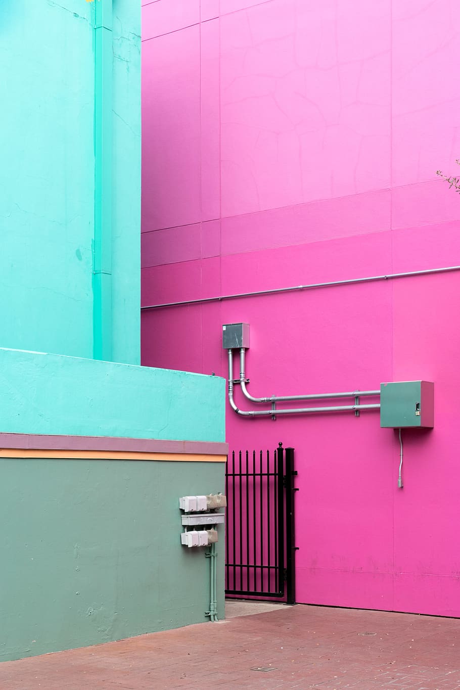 pink painted building, handrail, banister, wall, railing, vegetation HD wallpaper