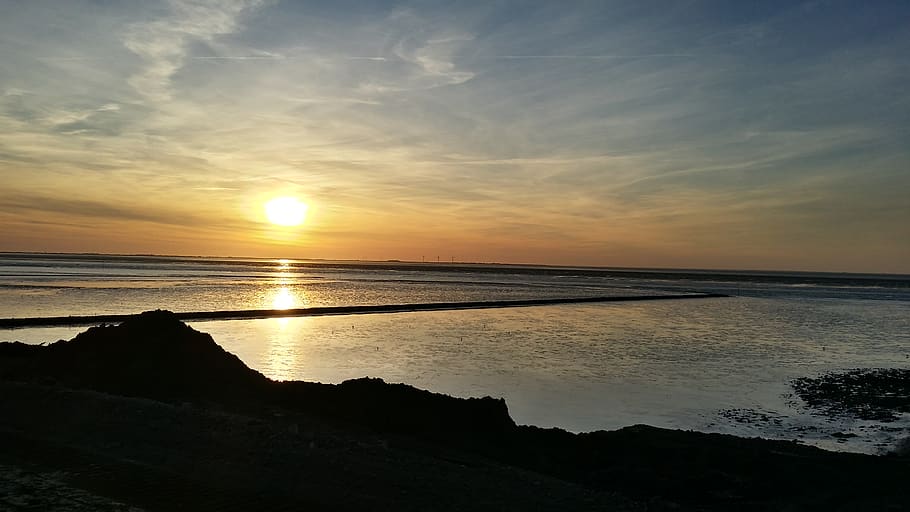 germany, nordstrand, sky, sea, water, scenics - nature, sunset HD wallpaper