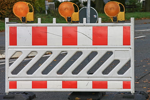 road block, shut off, site, warning lights, blocking, road transport HD wallpaper