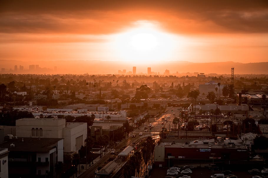 sunset, los angeles, haze, clouds, orange, city, inland, architecture HD wallpaper
