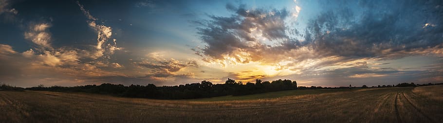france, loiret, sunset, cloud, gold, panoramic, field, blue HD wallpaper