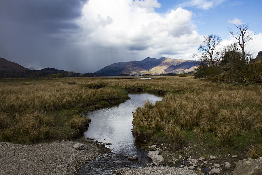 derwent water, united kingdom, moutains, blue sky, river, lake, HD wallpaper