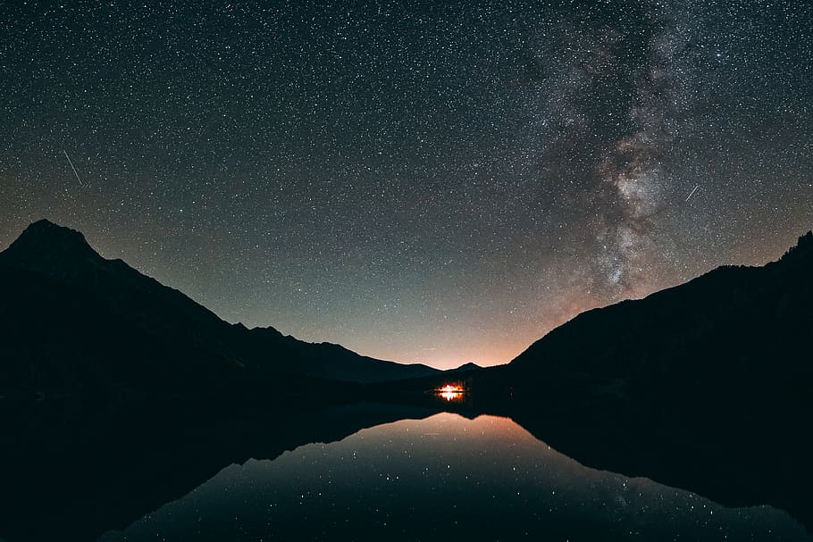 Silhouette Photo of Mountain and Calm Body of Water, astronomy HD wallpaper