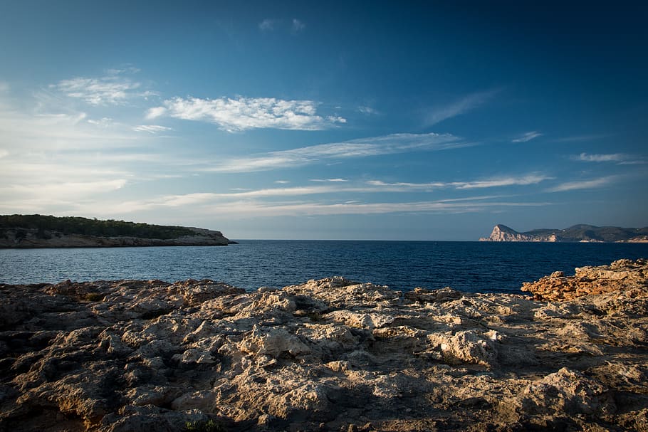 spain, ibiza, sky, rock, blue, summer, cloud, sea, water, cloud - sky HD wallpaper