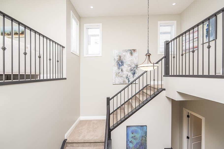 lighted white pendant lamp, architecture, built structure, staircase HD wallpaper