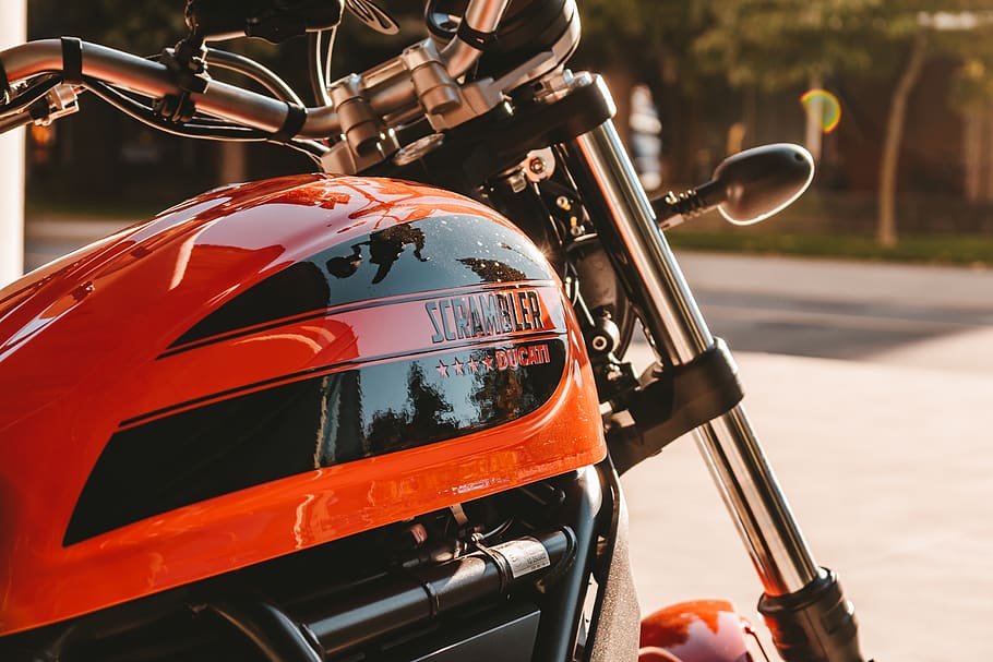 orange motorcycle, mode of transportation, land vehicle, street HD wallpaper