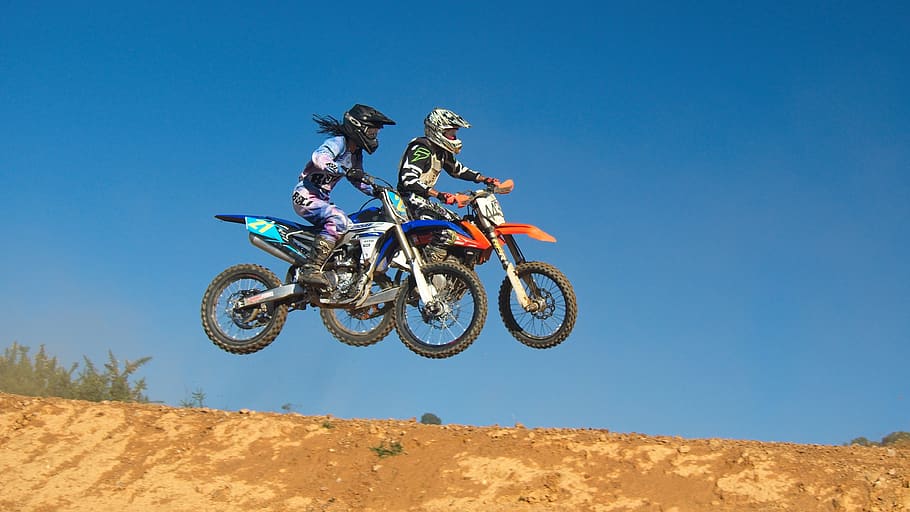 Two Person Riding Motocross Dirt Bikes, action, bikers, helmets HD wallpaper